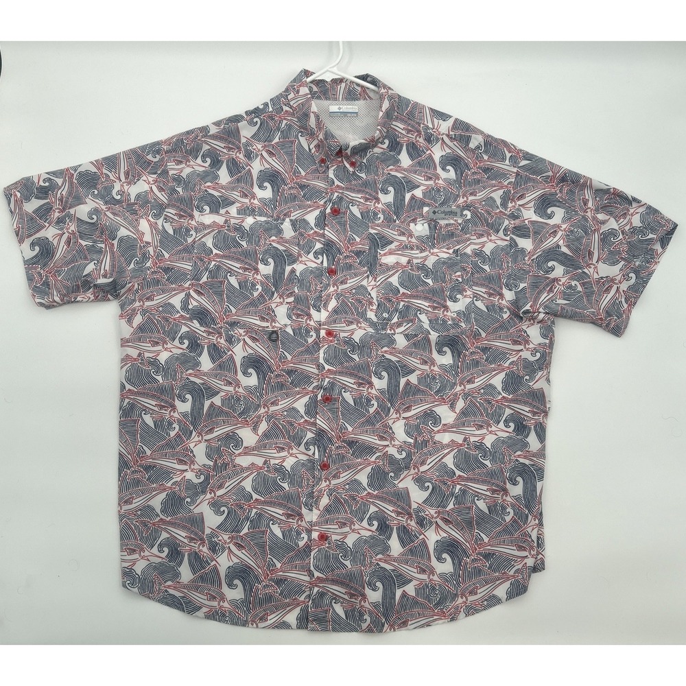 Columbia PFG Men's 2XL Red White Blue Marlin Fishing Shirt Short Sleeve Vent